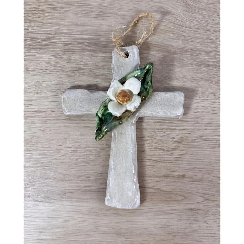 Ceramic Wall Cross, White Flower & Green Leaf, Ballyhoo Hanging Wall Art